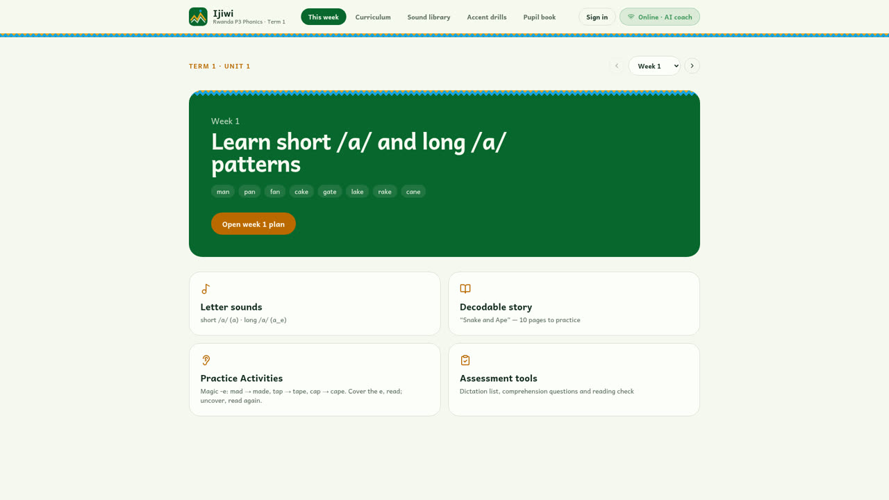 Ijiwi learning page with a phonics lesson banner and lesson cards below