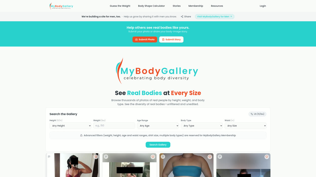 MyBodyGallery page with body metric filters above a photo grid