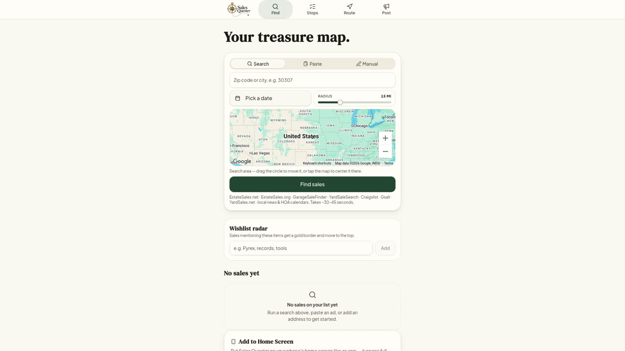 SalesQuester planning screen with a map preview and a find sales search form